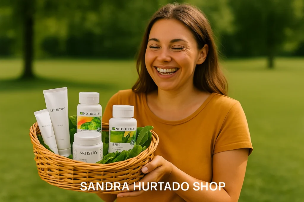 Mujer sonriente con los ojos cerrados al aire libre, recibiendo una cesta de productos naturales, simbolizando confianza y rapidez al encontrar un distribuidor autorizado Amway en Canarias y España.