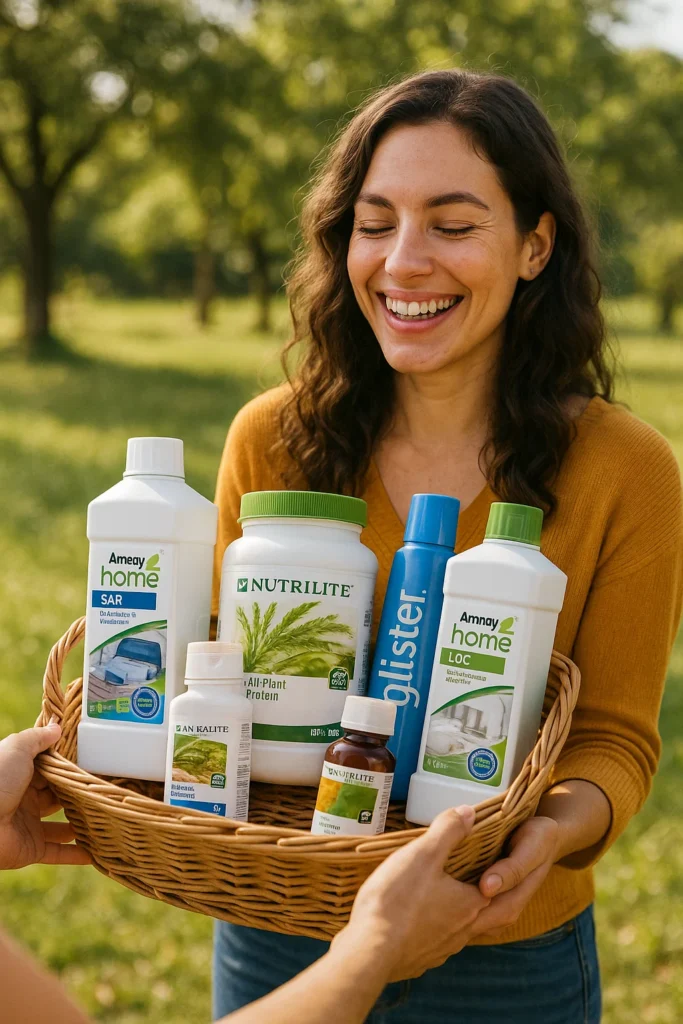 Mujer sonriente al aire libre recibiendo una cesta de productos naturales, representando la compra de productos Amway en España y Canarias con distribuidor autorizado.